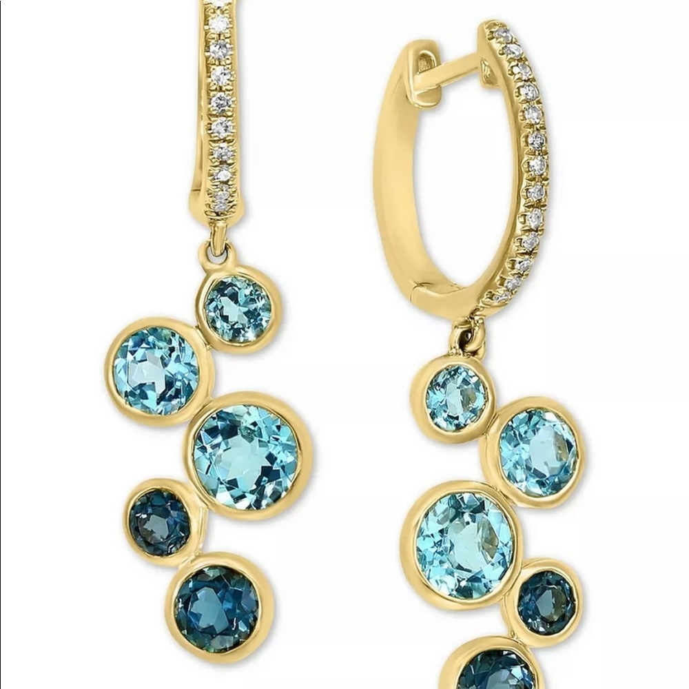 Blue Topaz & Diamond Dangle Hoop Earrings in 14k Gold